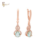 Paved white CZs with solitaire teardrop apple green CZ Rose Gold Clip-On Earrings