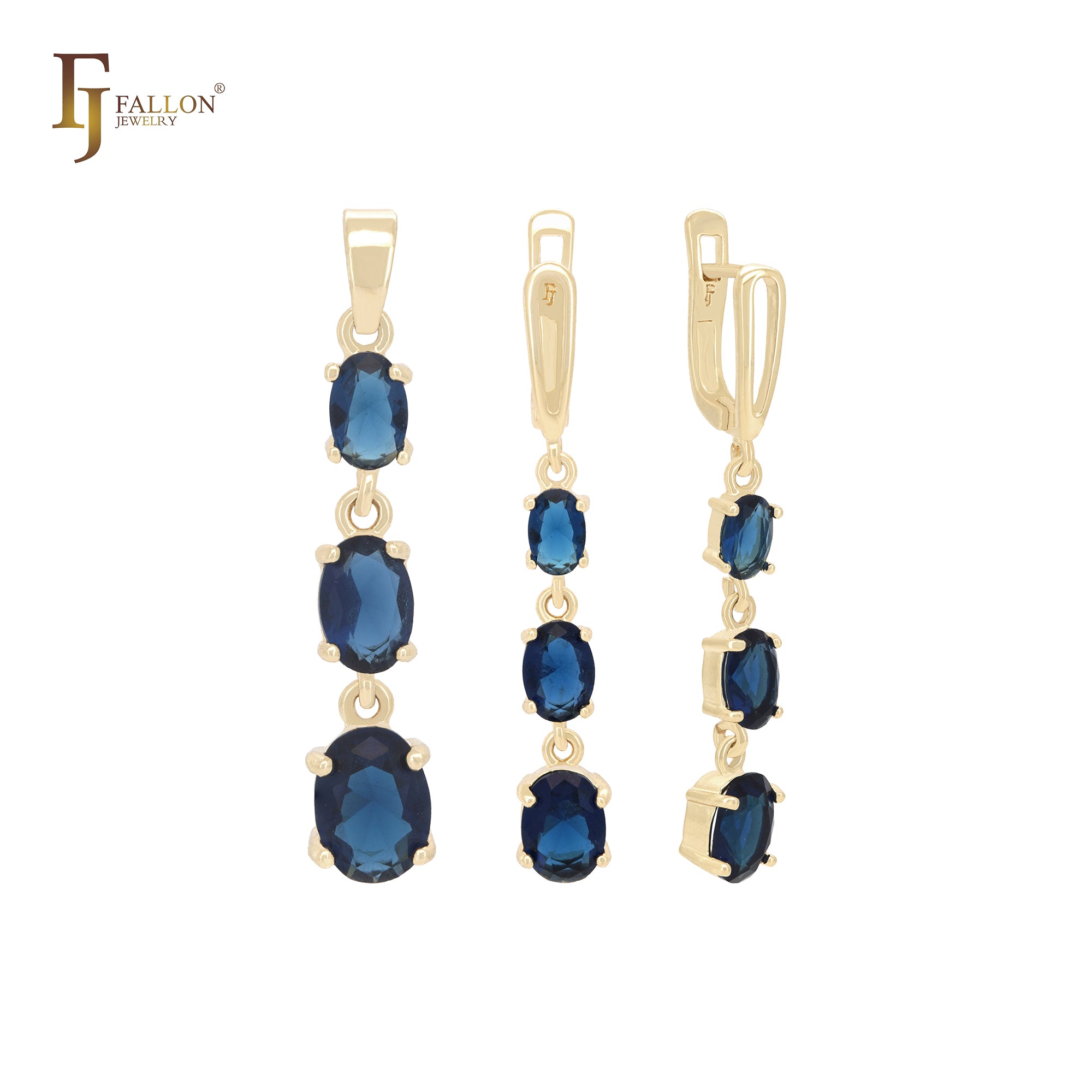 Triple oval colorful white or blue CZs cluster drop earrings 14K Gold Jewelry Set with Pendant