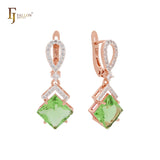 Dangling rhombus shape lake blue CZ with white CZs band Rose Gold Clip-On Earrings