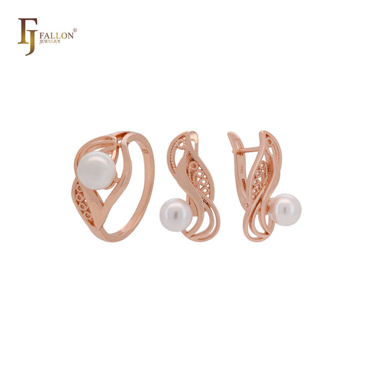 Dancing filigree of pearl Rose Gold Jewelry Set with Rings