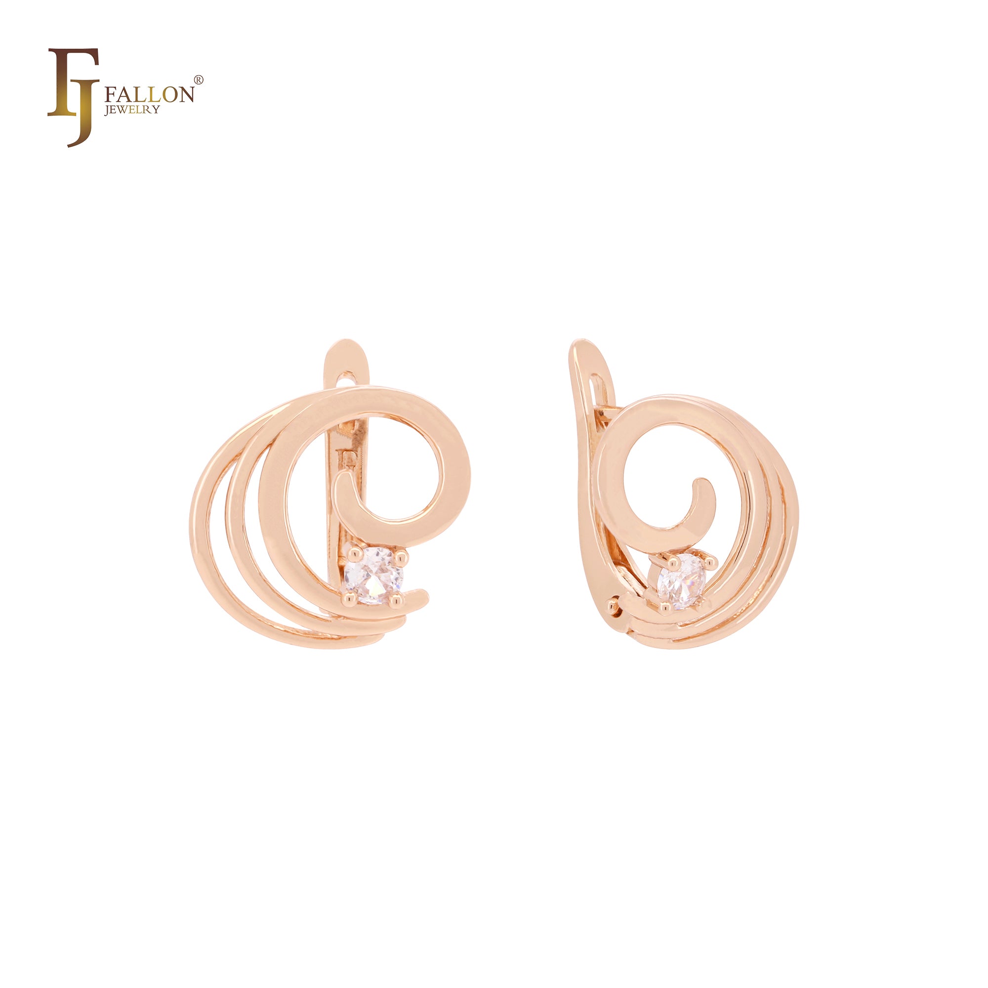 Whirling waves with white CZs elegant Rose Gold Clip-On Earrings