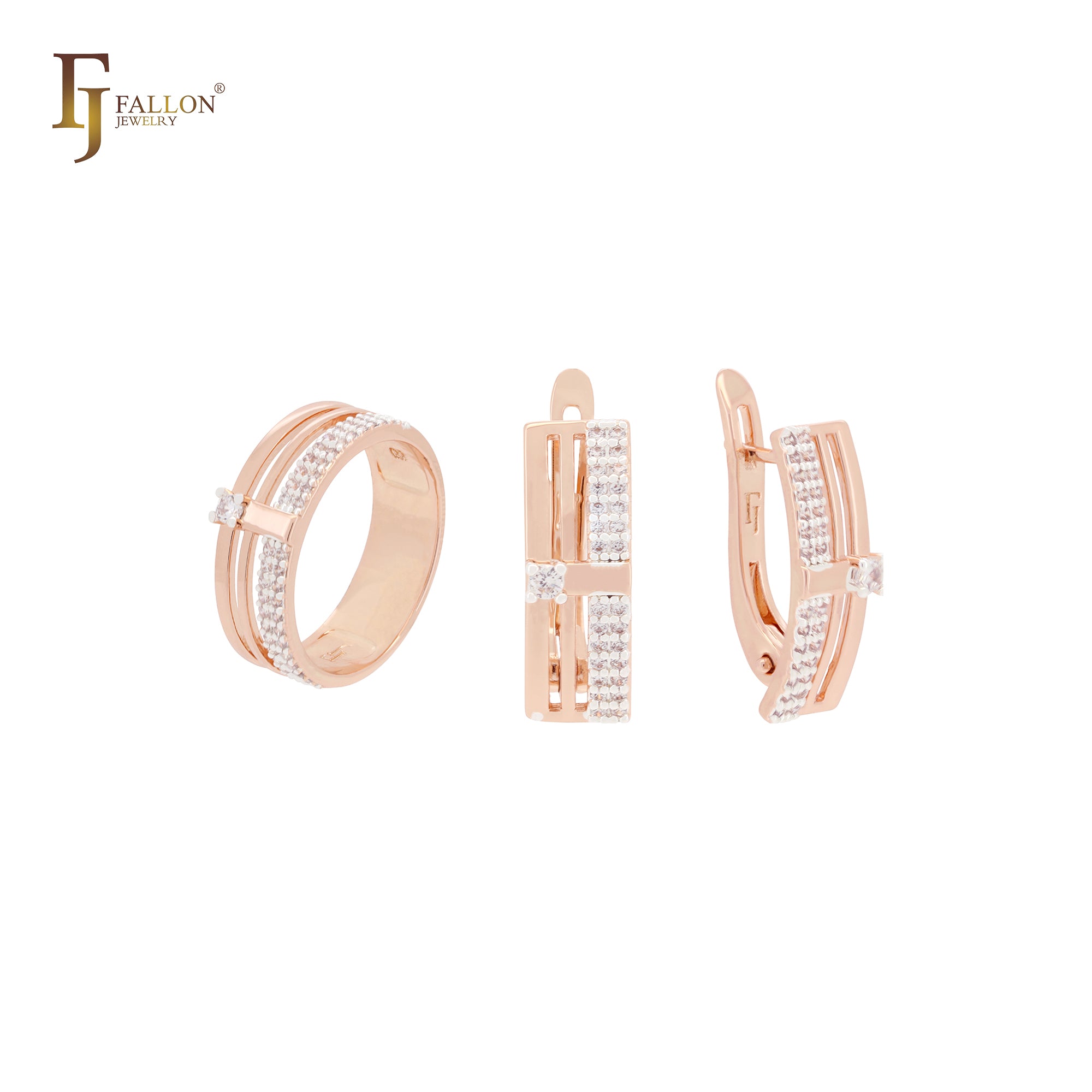 Minimalism elegant paved white CZs Rose Gold two tone Jewelry Set with Rings