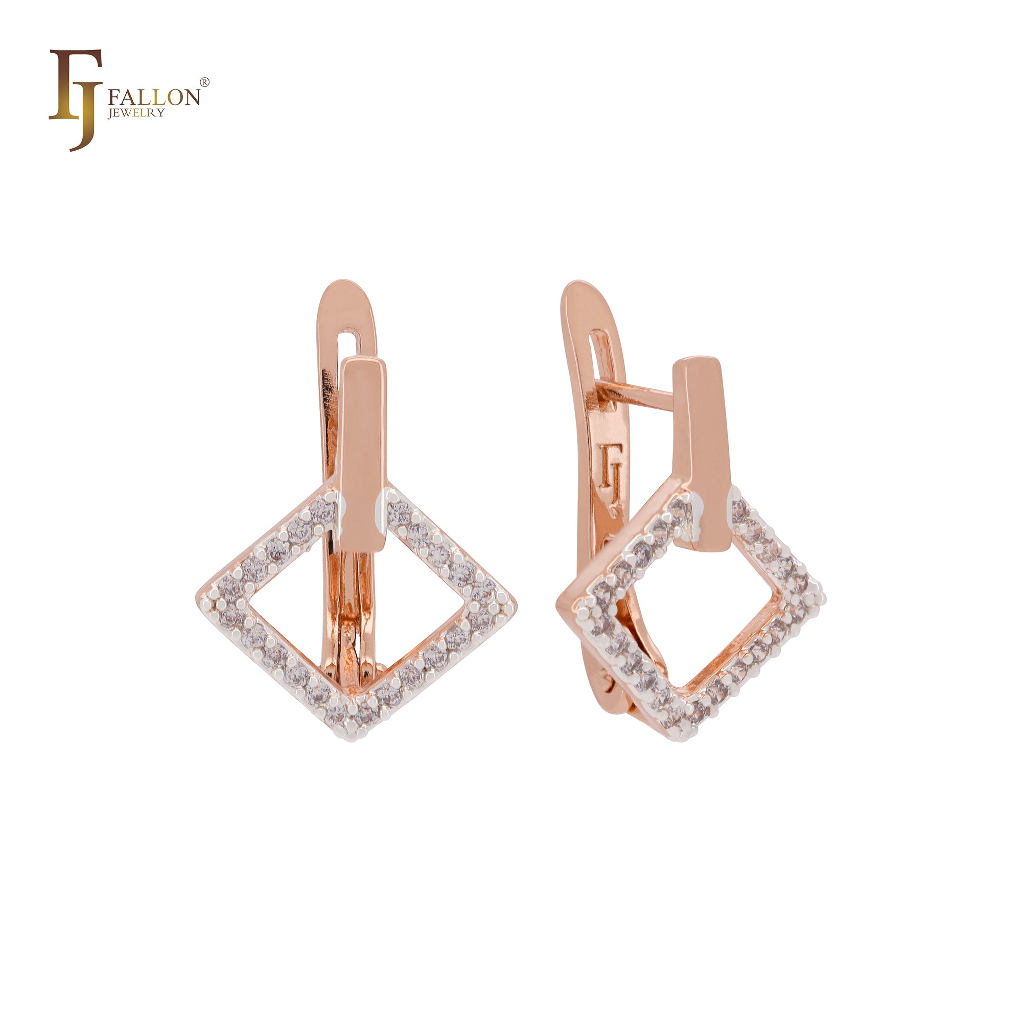 Rhombus white CZs cluster Rose Gold two tone Clip-On Earrings