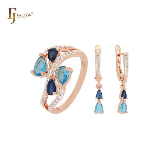 Cluster mixed blue and white CZs Rose Gold Jewelry Set with Rings