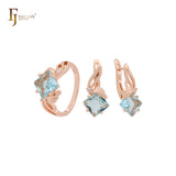 Asscher Cut Lake Blue Ribbon Rose Gold Jewelry Set with Rings