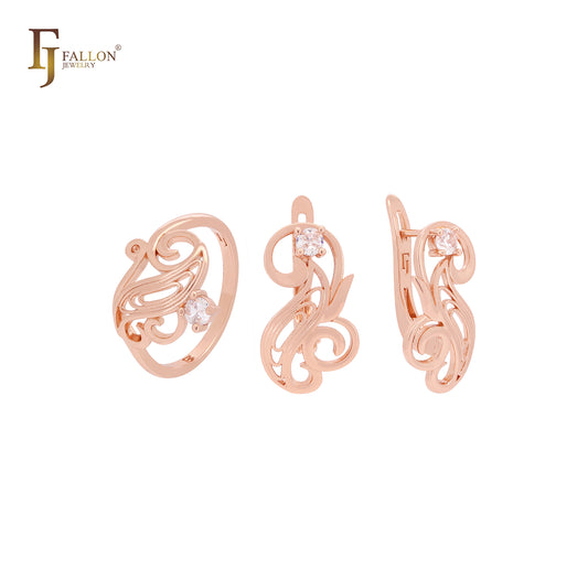 Twisted interlocking braches with white CZ Rose Gold Jewelry Set with Rings