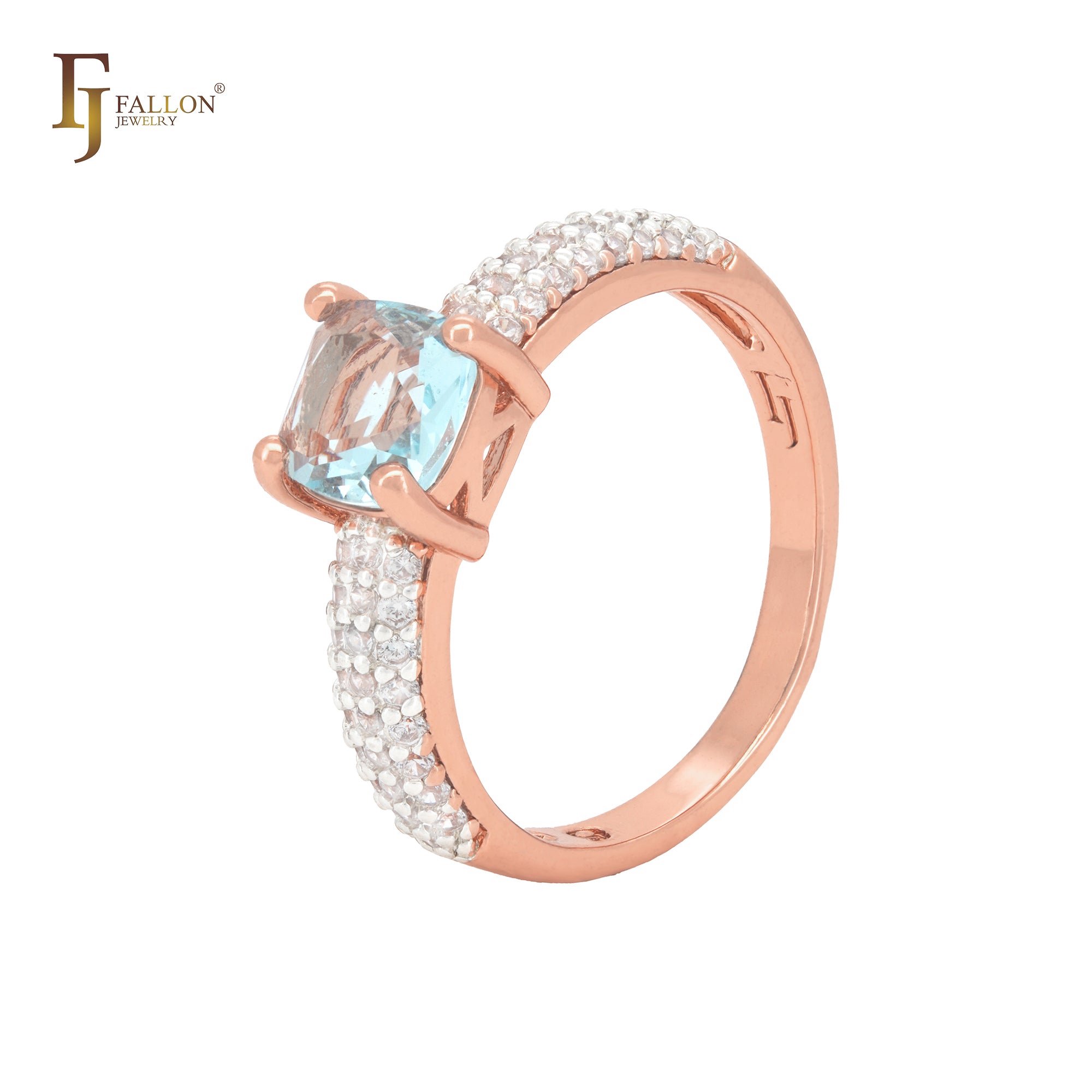 Luxurious triple paved white czs band with lake blue CZ Rose Gold Engagement Rings