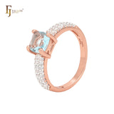 Luxurious triple paved white czs band with lake blue CZ Rose Gold Engagement Rings