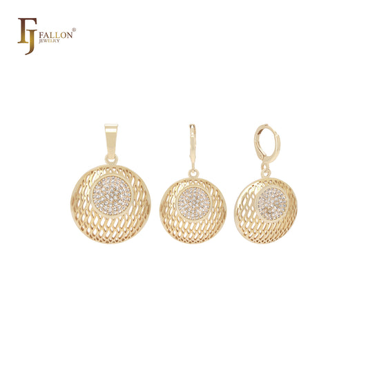 Circle in circle filigree white CZs 14K Gold Jewelry Set with Pendant