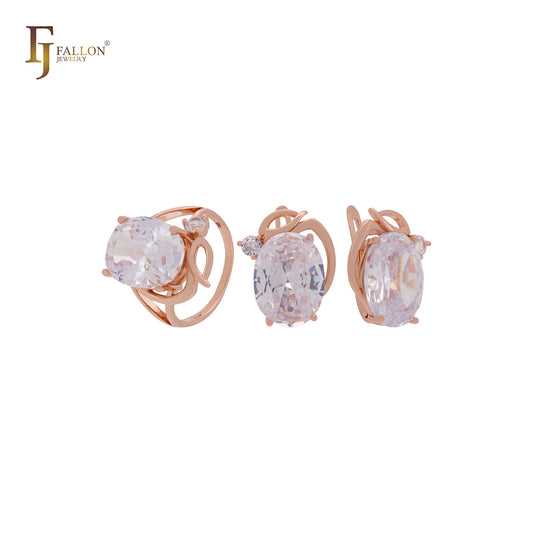 Giant oval big Solitaire white, Orange or lake blue CZ Luxurious Rose Gold Jewelry Set with Rings