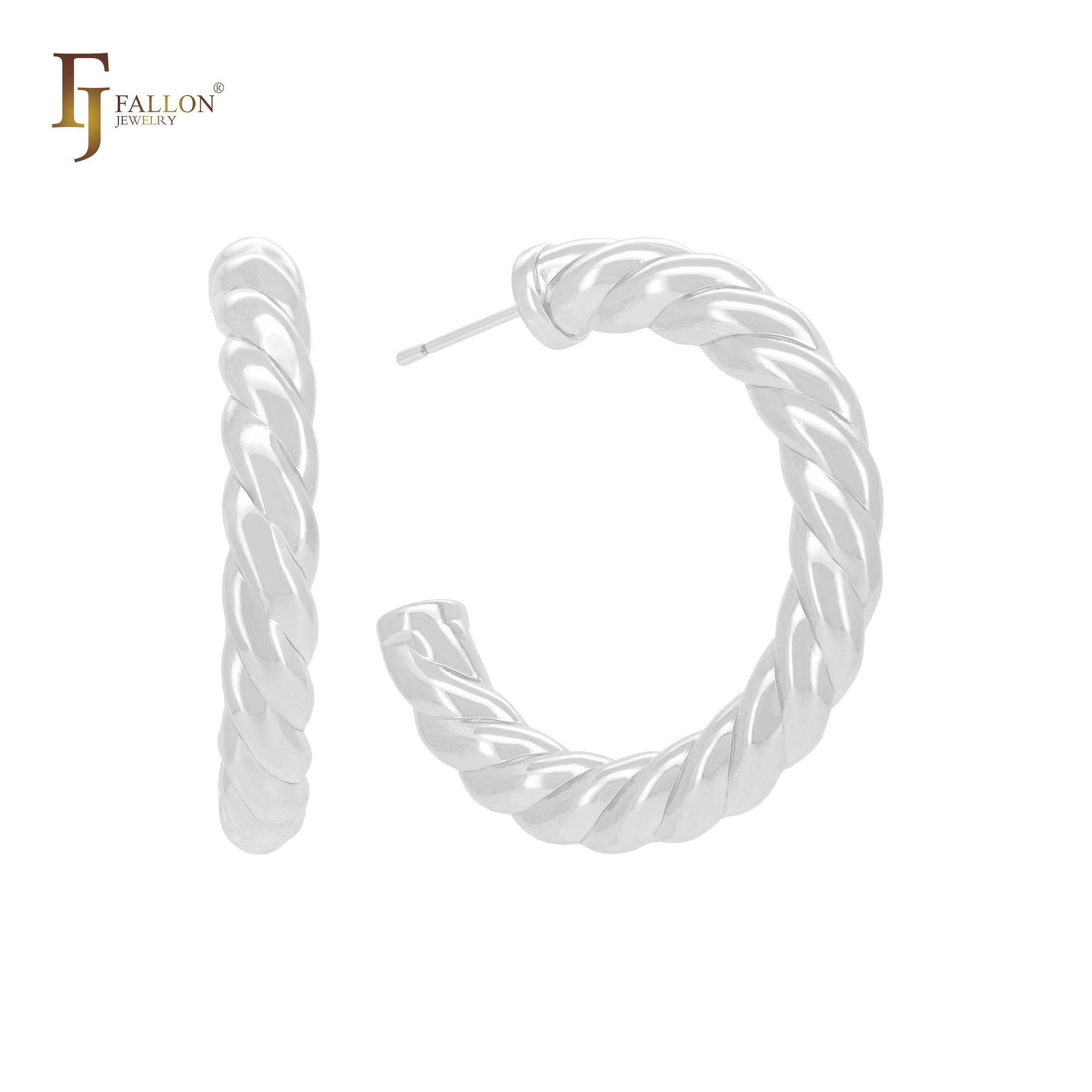 Spinning twisted rounded rope shape textured C Hoop 14K Gold, Rose Gold, White Gold Stud Earrings