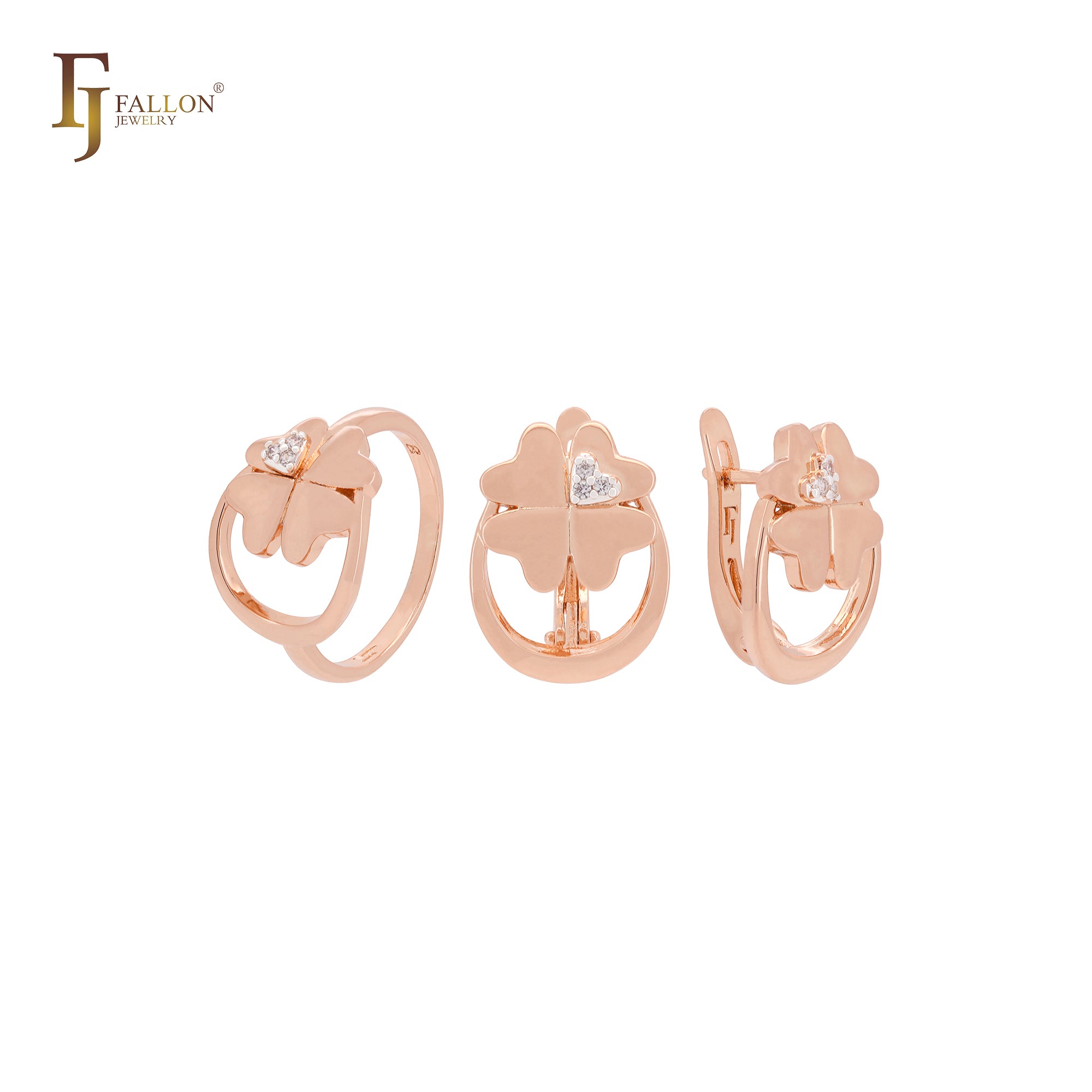 Hearty four leaves clover Rose Gold Jewelry Set with Rings