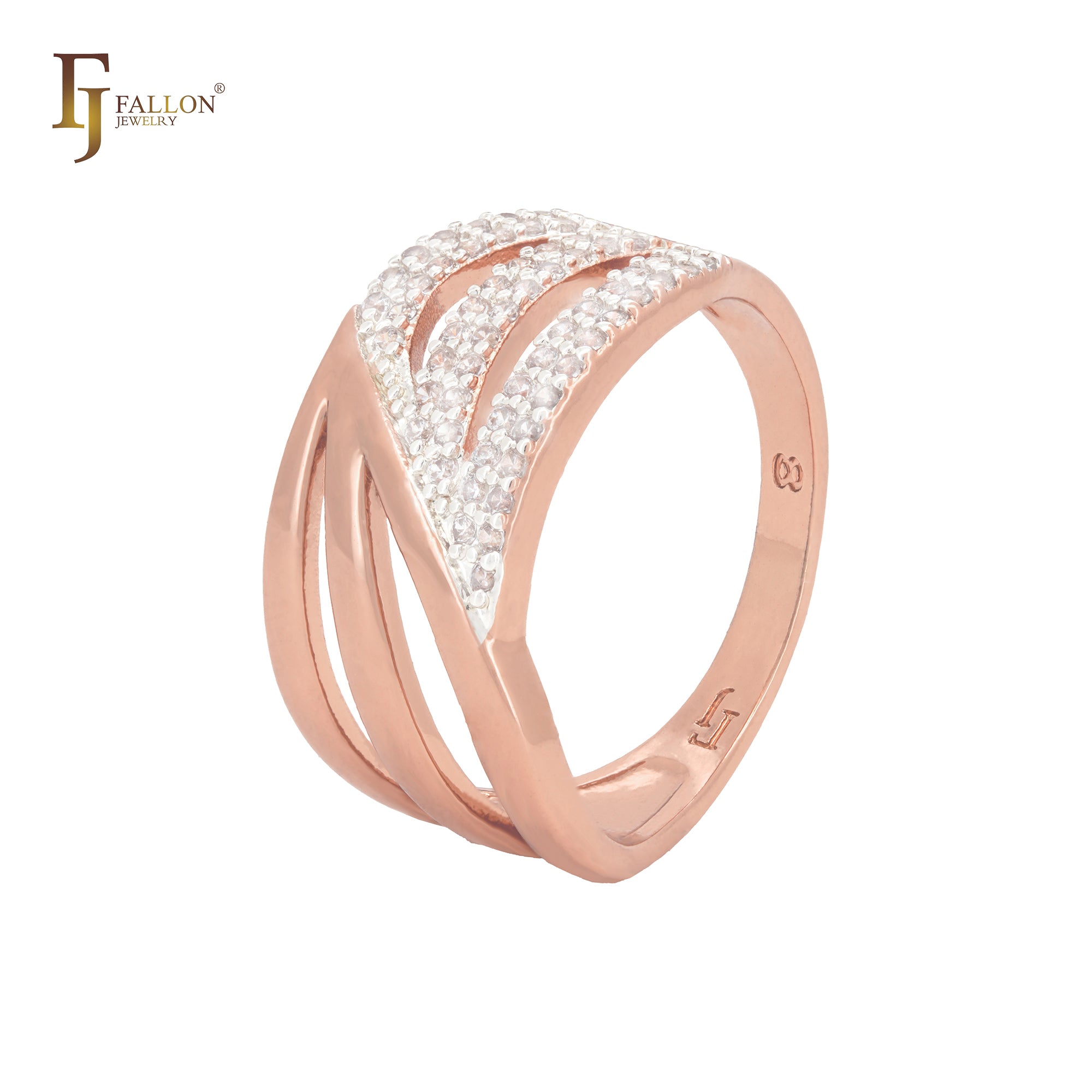 Triple rows interlocking with white CZs Rose Gold Fashion Rings