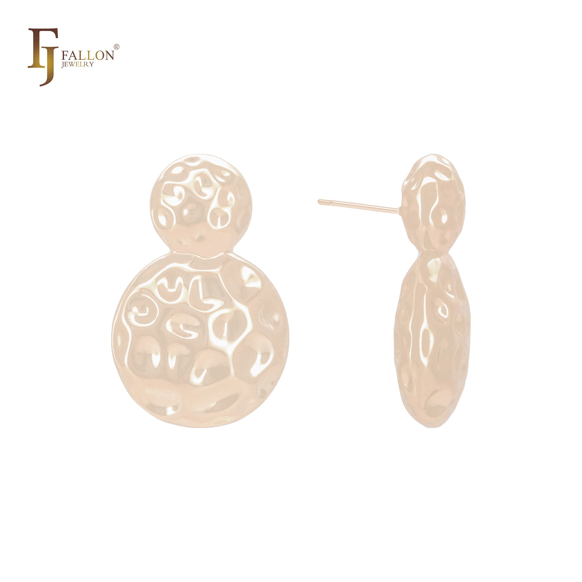 Nugget textured double rounded disc shaped 14K Gold, Rose Gold, White Gold Stud Earrings