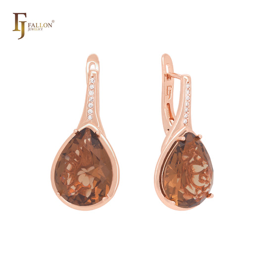 Big pear shape coffee CZ Rose Gold Clip-On Earrings