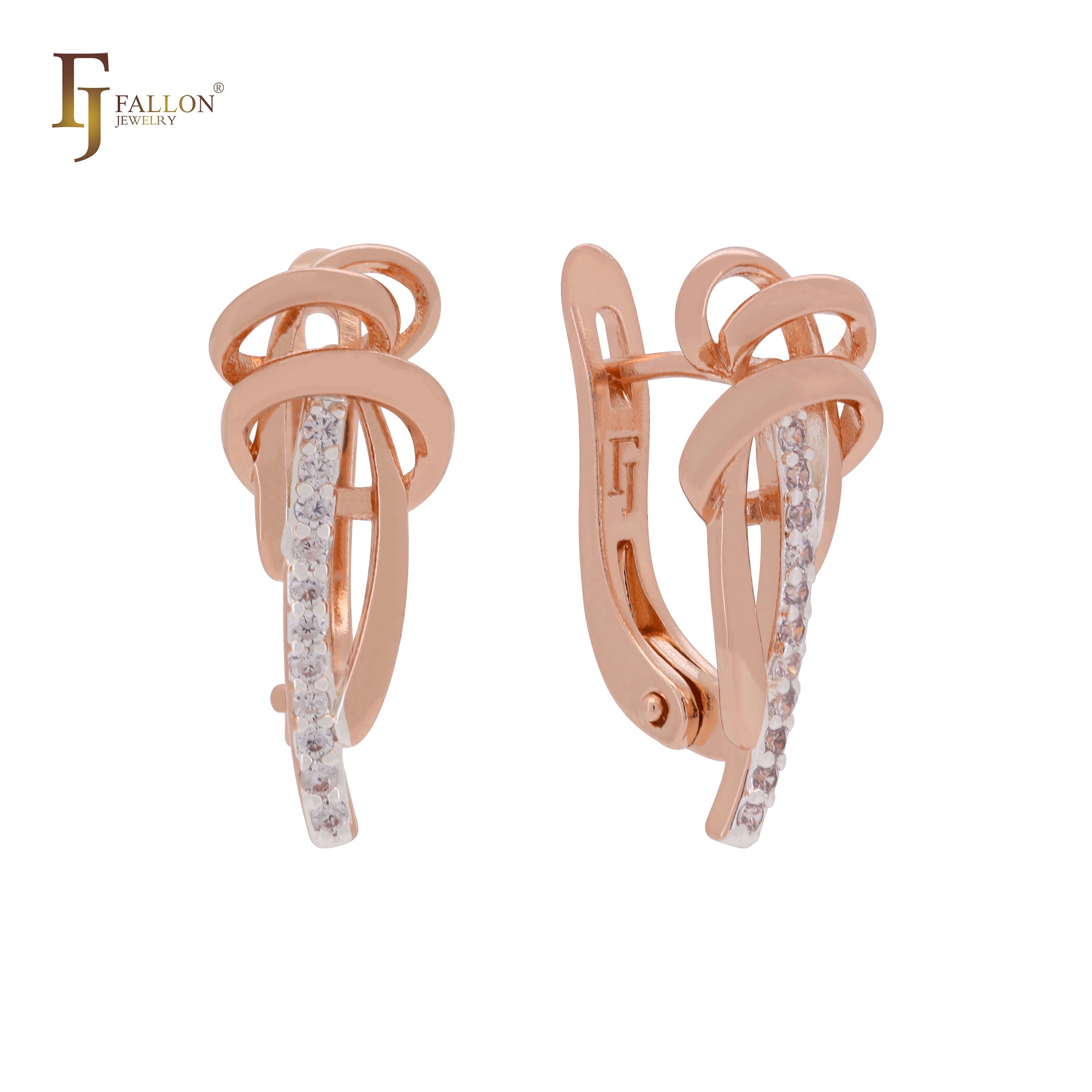 Wonderful interwining vines design with white CZs Rose Gold two tone Clip-On Earrings