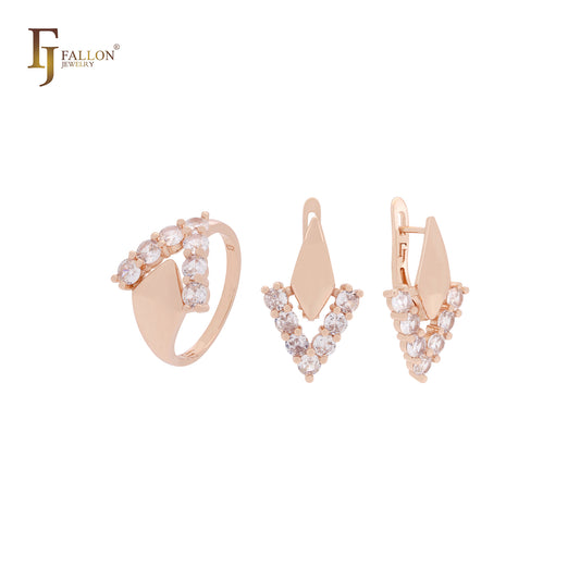 Chevron V shaped white cluster CZs lock geometric Rose Gold Jewelry Set with Rings