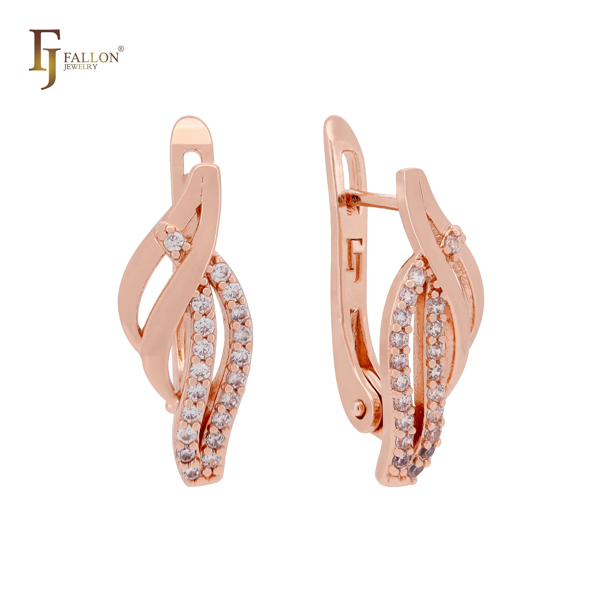 Paved white CZs crossing Ribbon bands Rose Gold Clip-On Earrings