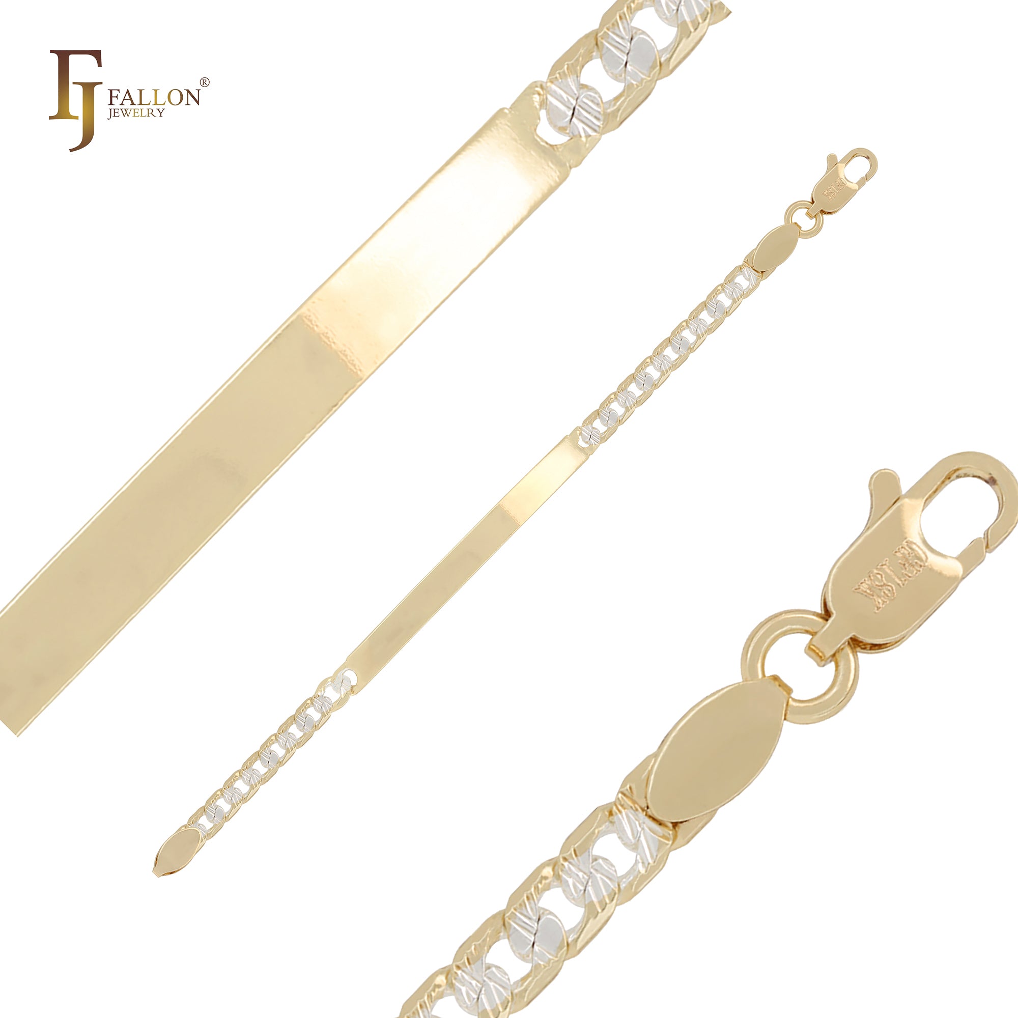 Curb link cross hammered 14K Gold two tone Men's ID bracelets