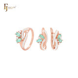 Interlocking Ribbons with Emerald Cluster CZs Rose Gold two tone Jewelry Set with Rings