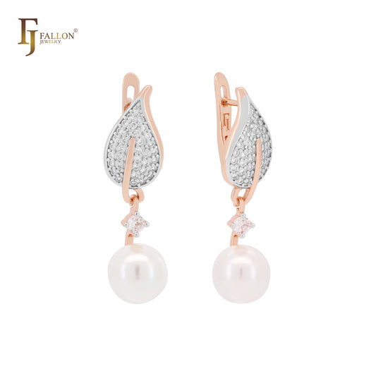 Leaves and Pearl cluster white CZs Rose Gold Clip-On Earrings