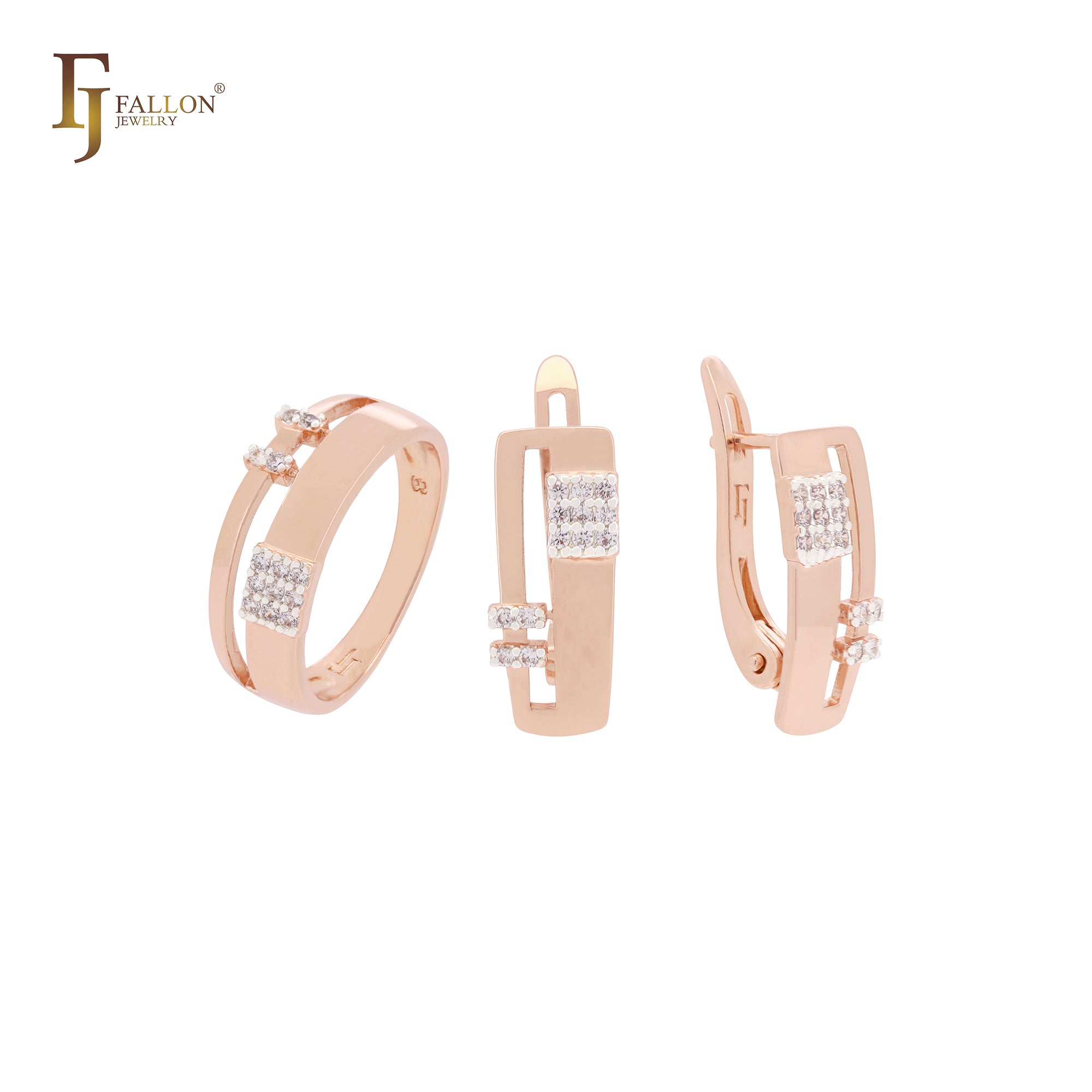 Squared with white CZs geometric Rose Gold two tone Jewelry Set with Rings