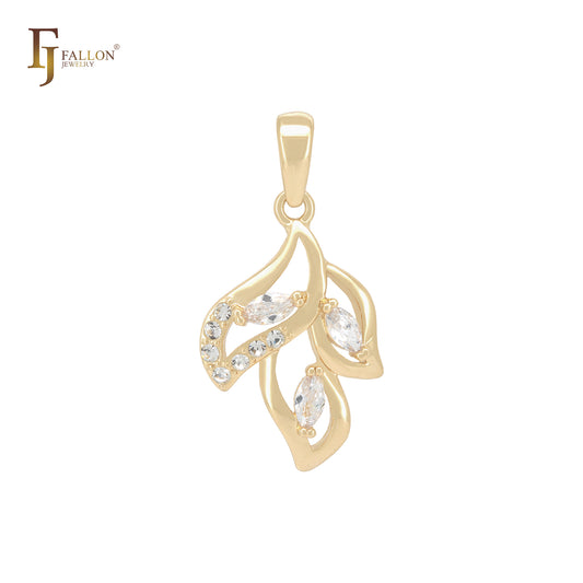 Triple leaves of white CZs 14K Gold Pendant