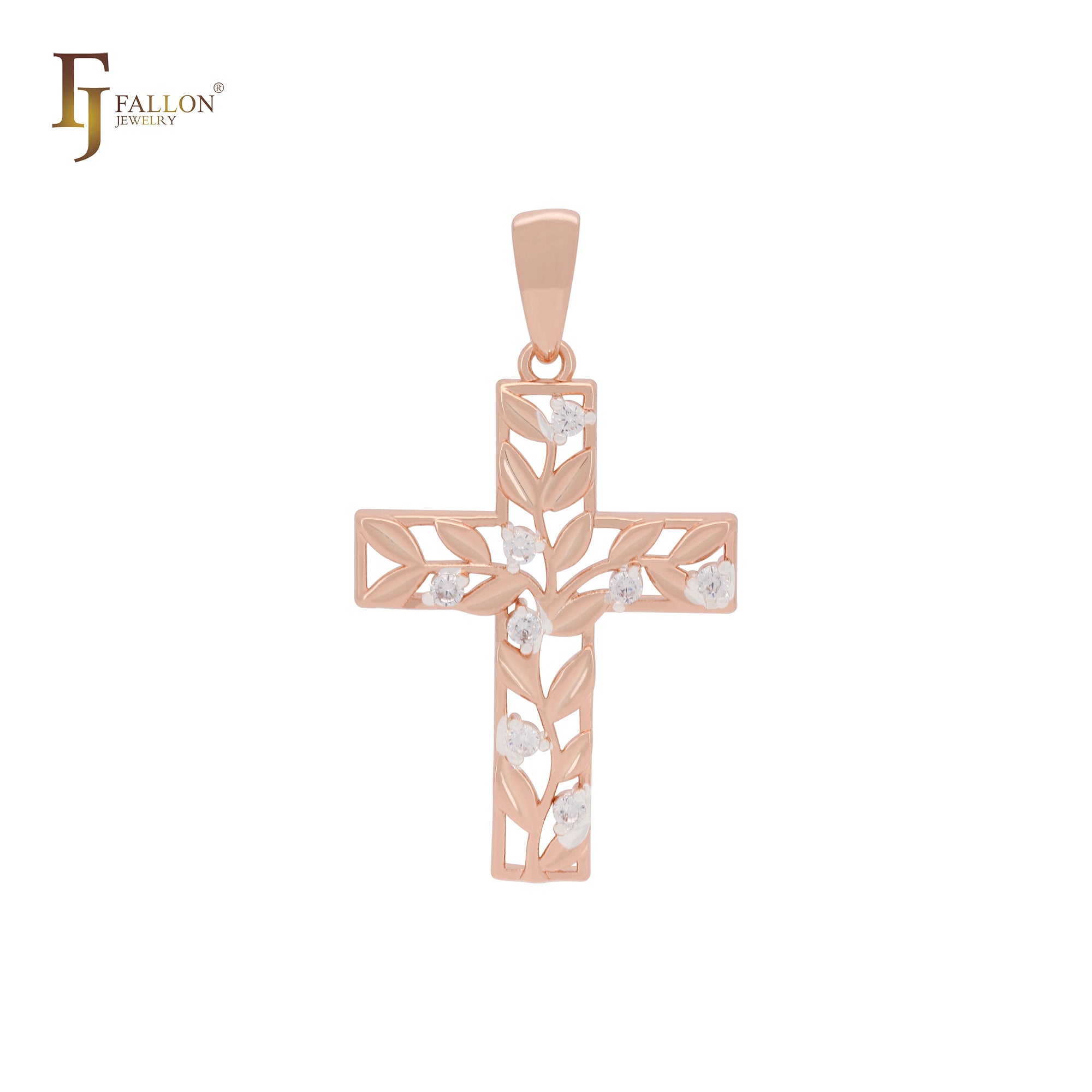 Leaves of life and white Czs Rose Gold two tone Latin style Cross Pendant