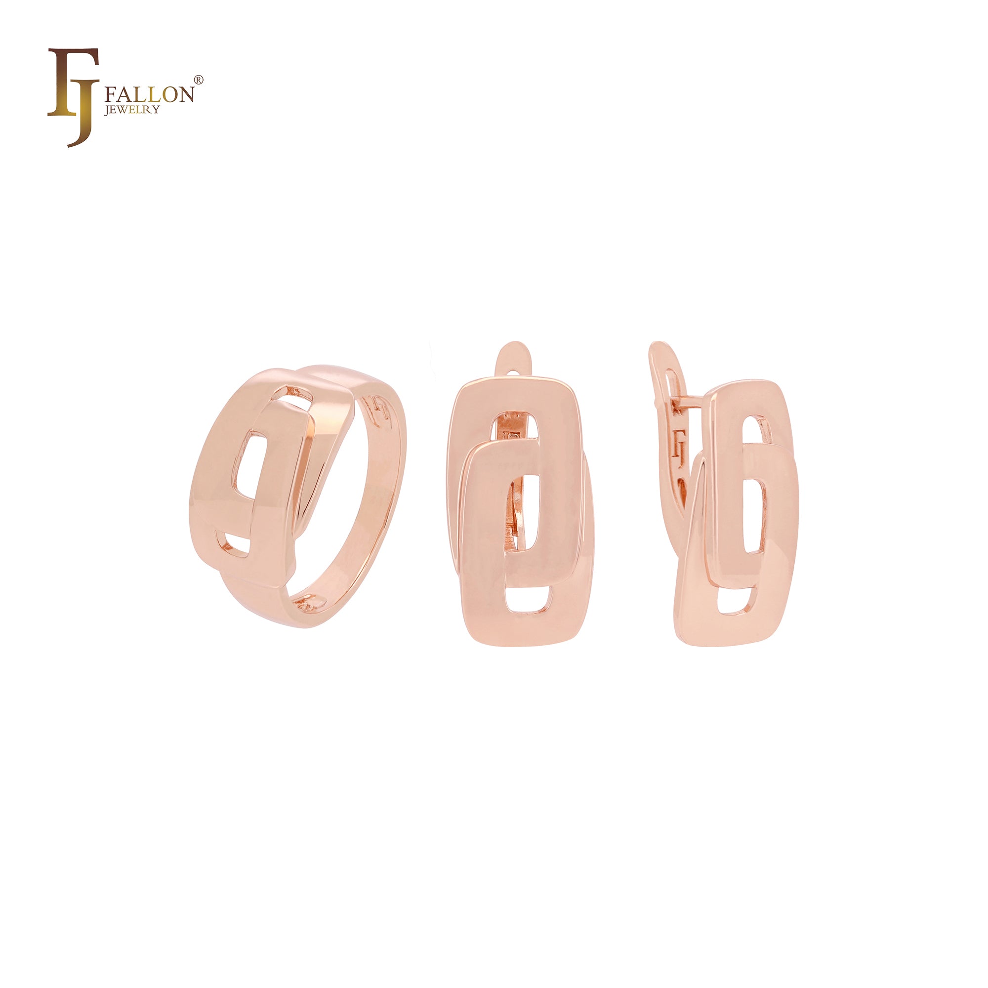 Geometric double rounded overlapped windows Rose Gold Jewelry Set with Rings