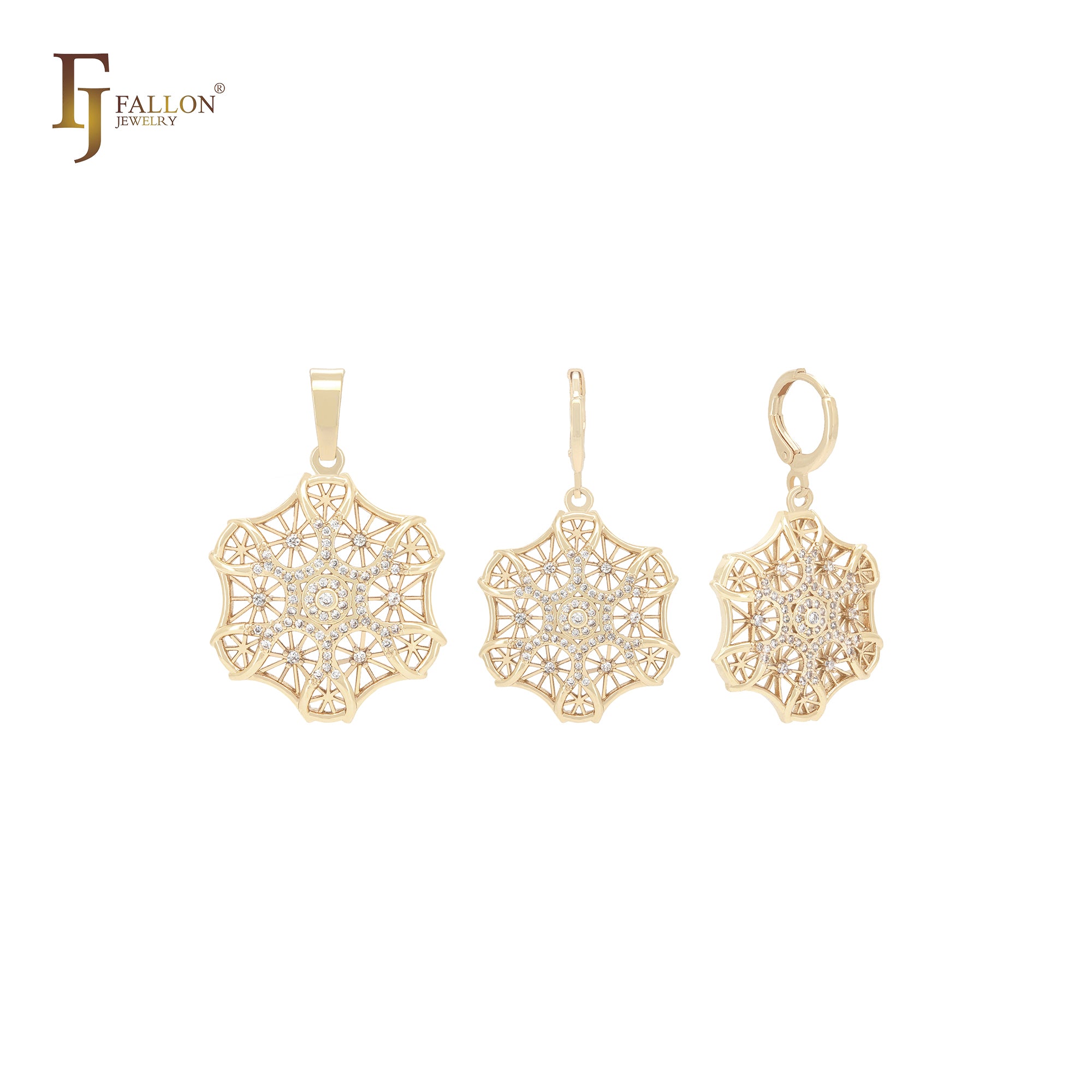 Hexagon filigree of white CZs snowflake 14K Gold Jewelry Set with Pendant