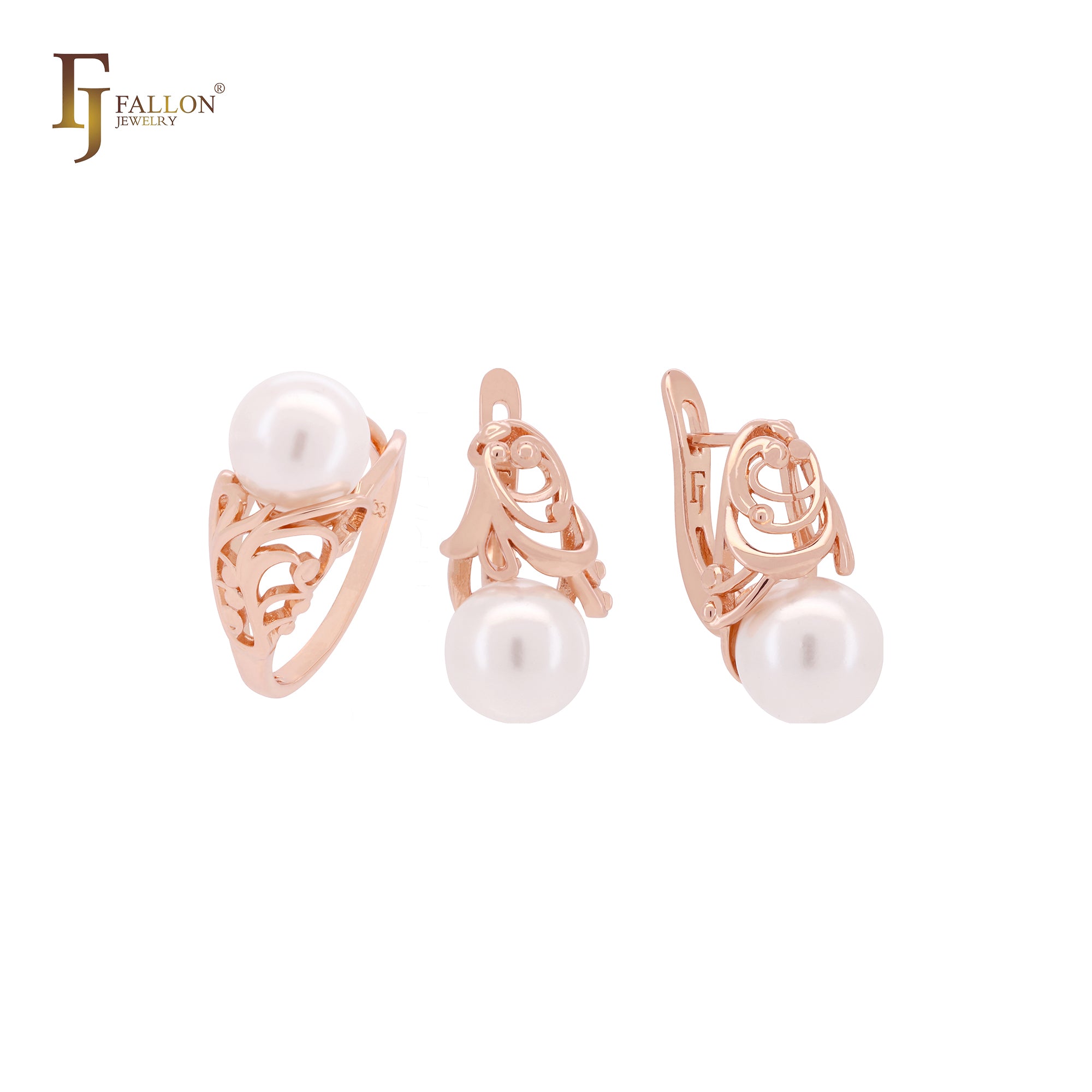 Fruitful filigree Pearl Rose Gold Jewelry Set with Rings