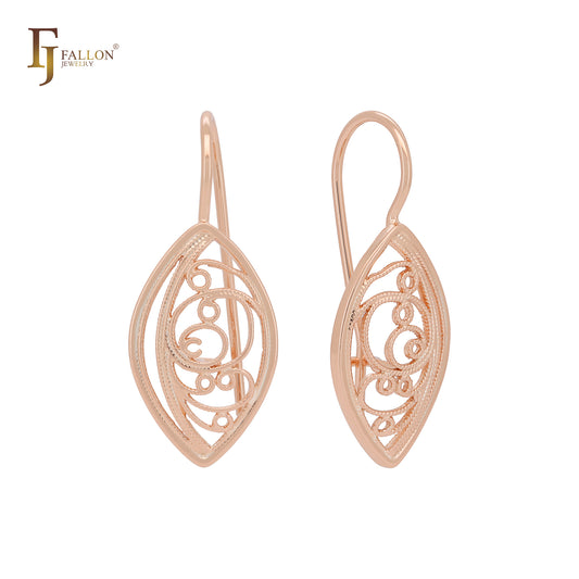 Filigree textured Marquise shaped Rose Gold Wire Hook Earrings