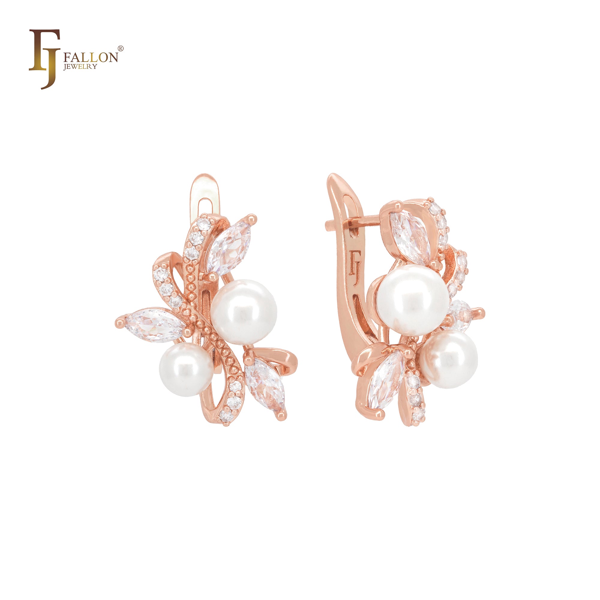 Luxurious pearls and white CZs Rose Gold Clip-On Earrings