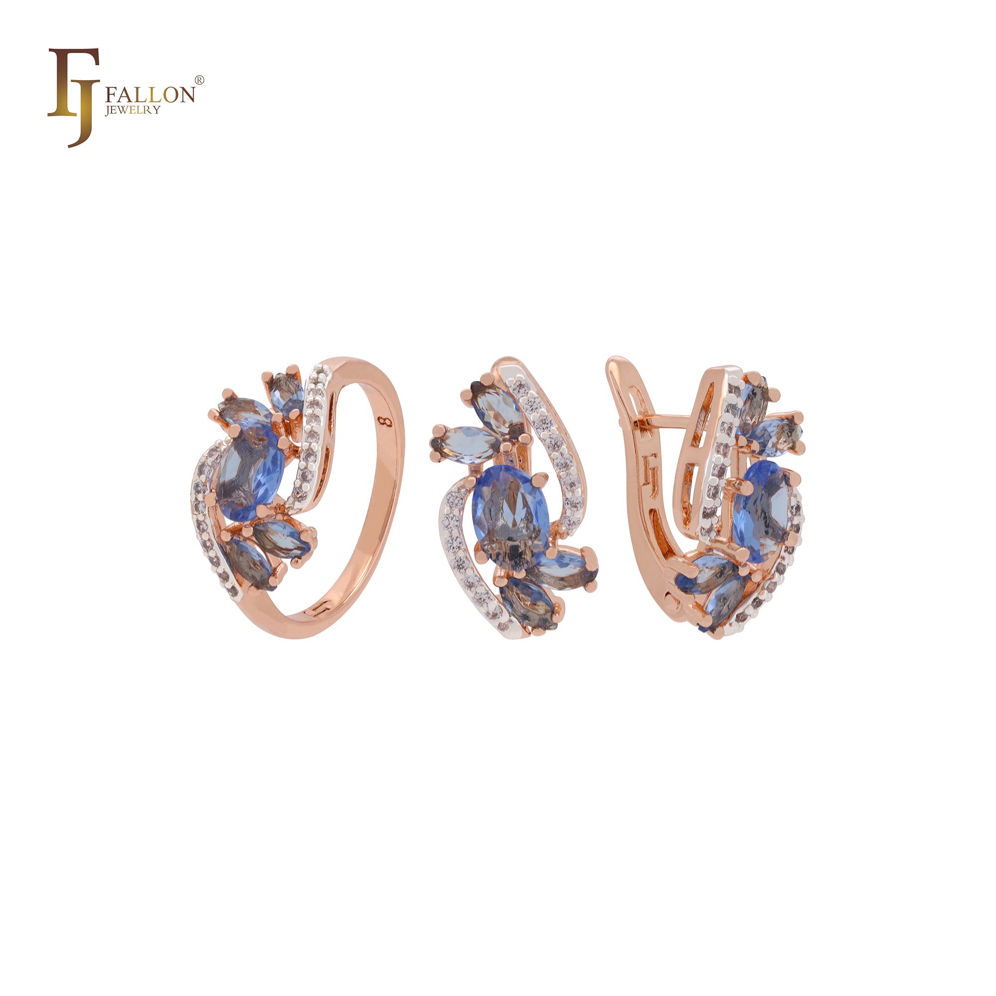 Sparkling blue and white CZs cluster luxurious Rose Gold two tone Jewelry Set with Rings