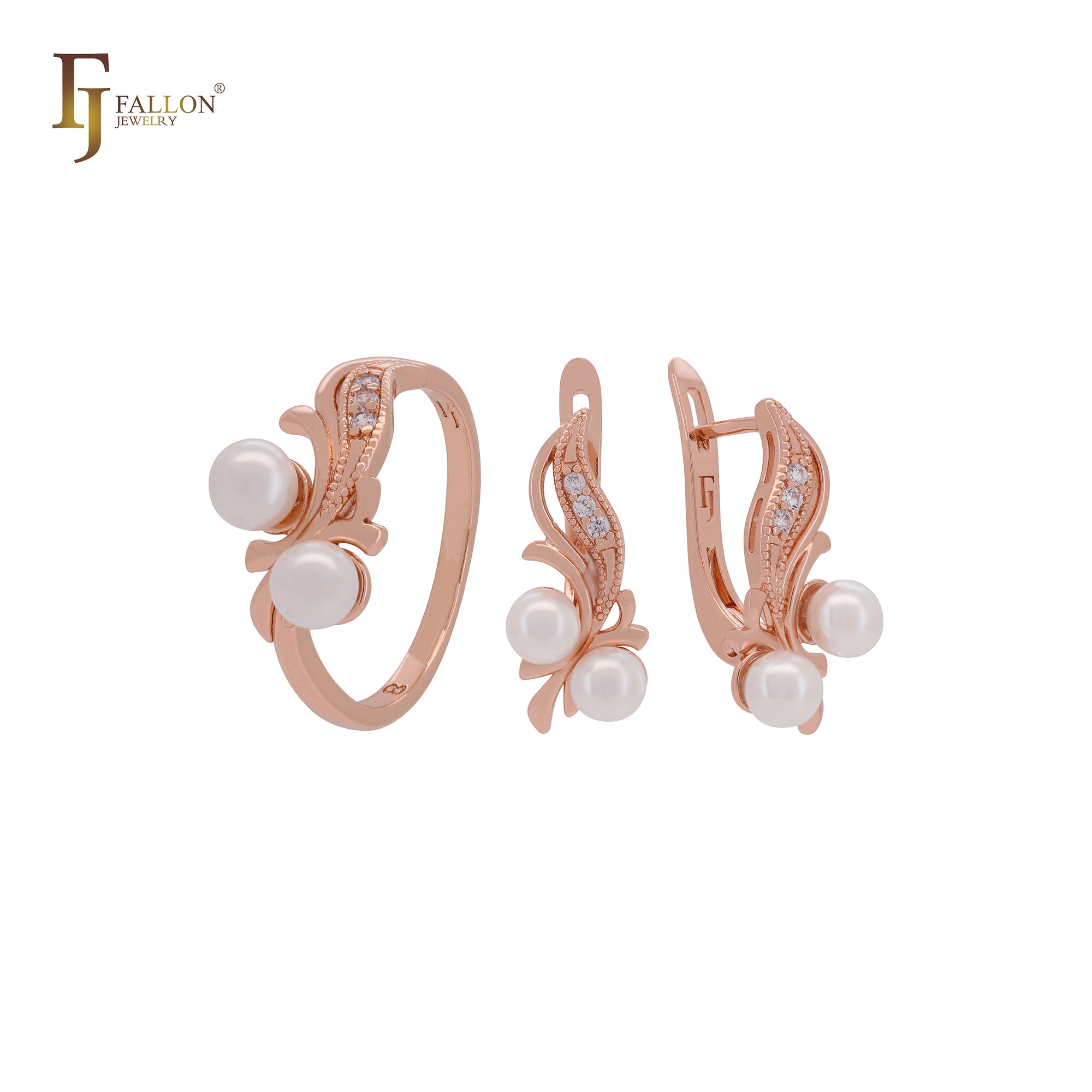 Double pearls on an elegant leave Rose Gold Jewelry Set with Rings