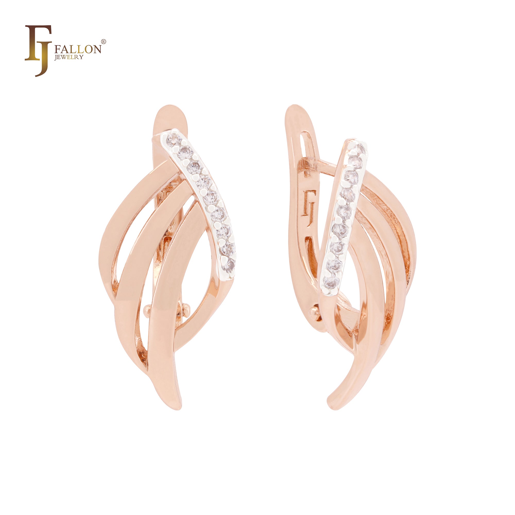 Triple branches geometric white CZs Rose Gold two tone Clip-On Earrings