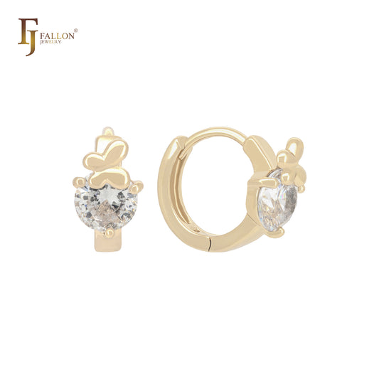 Butterfly on a rounded white Cz 14K Gold Huggie Earrings