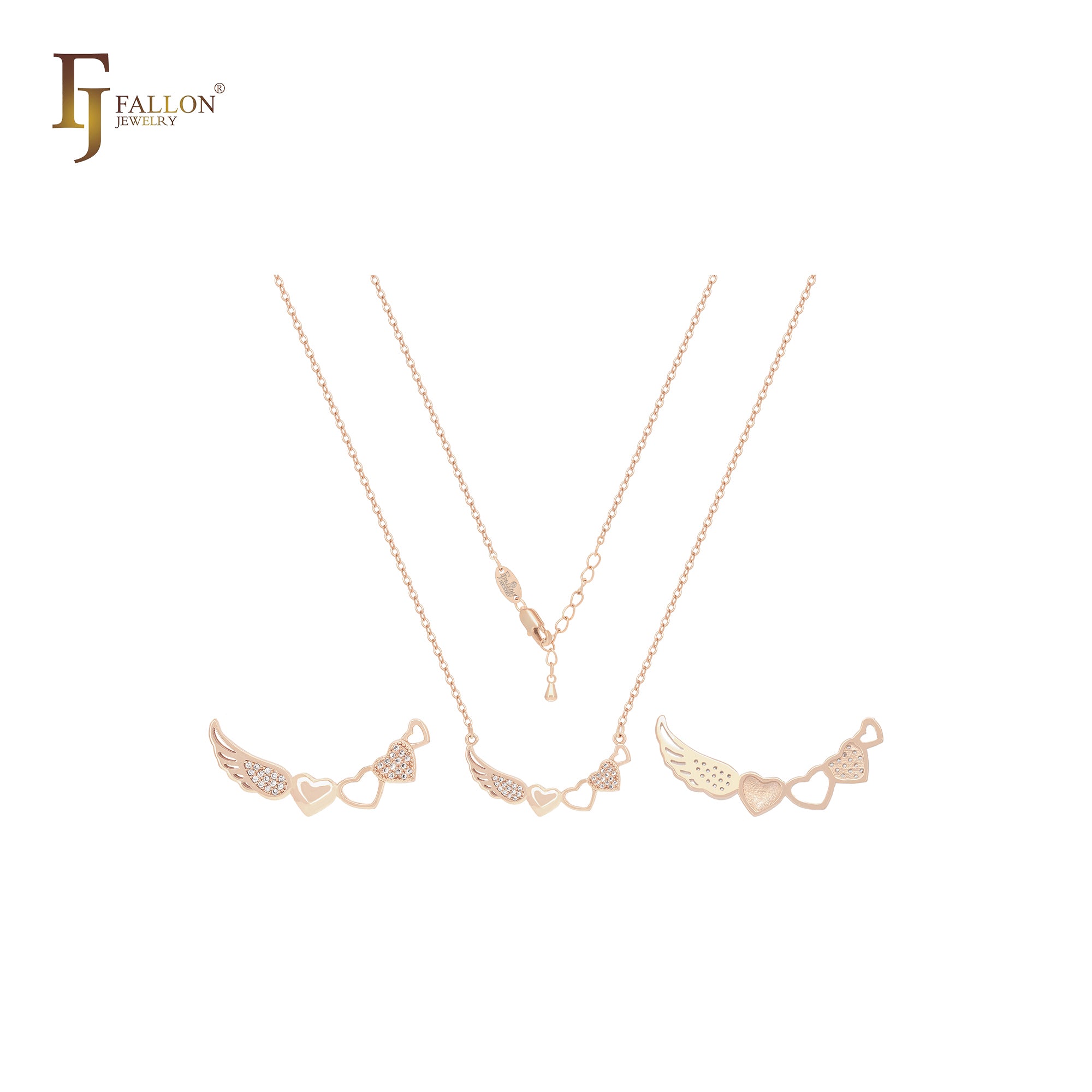 Angels wing with white CZs with hearts 14K Gold, Rose Gold Necklace