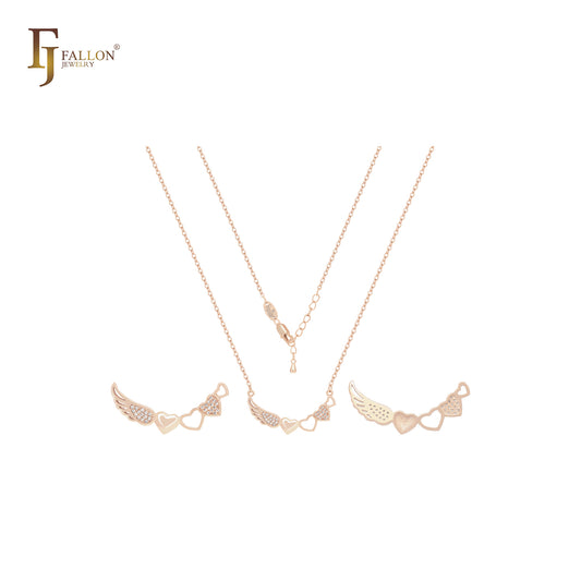 Angels wing with white CZs with hearts 14K Gold, Rose Gold Necklace