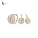 Great cluster white CZs flower halo 14K Gold two tone Jewelry Set with Rinngs