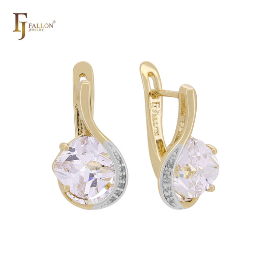 Solitaire rhombus 14K Gold, Rose Gold, two tone earrings
