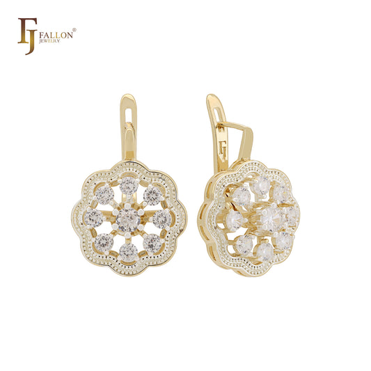 Great cluster white CZs flower halo 14K Gold two tone Clip-On Earrings