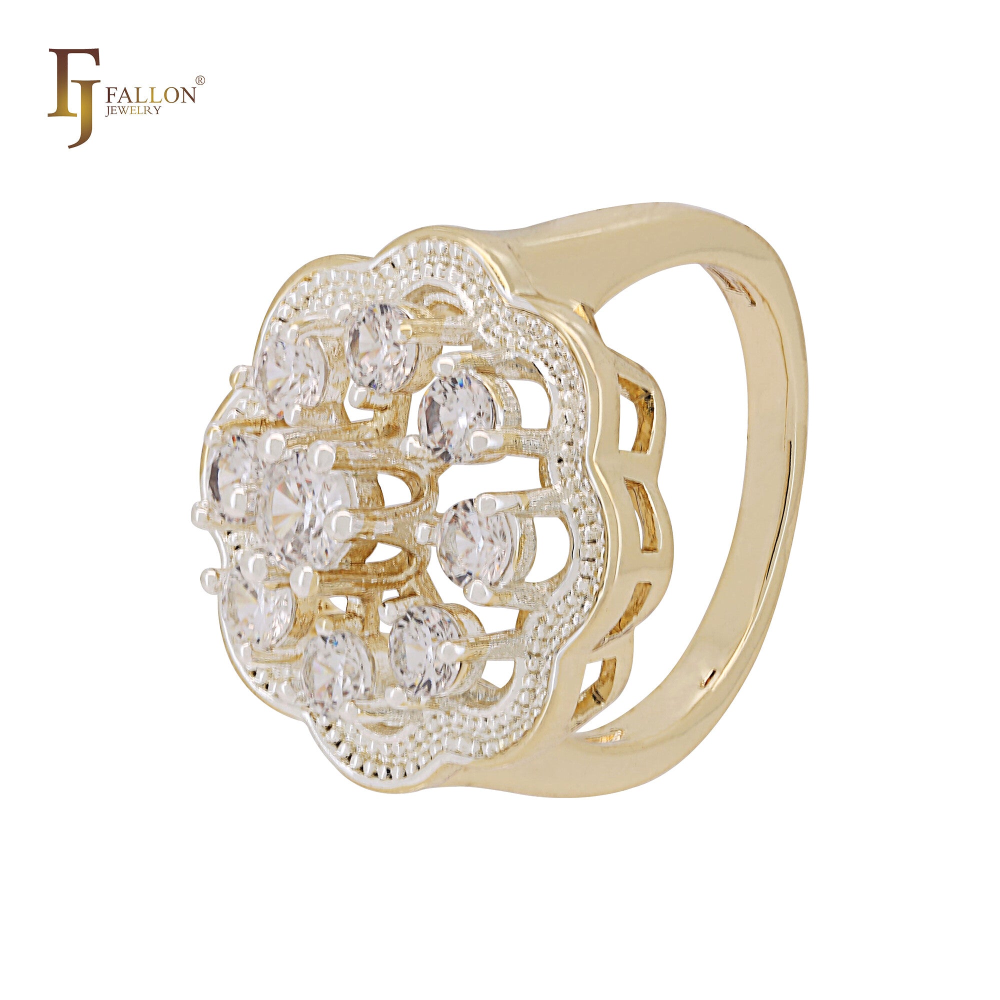 Great cluster white CZs flower halo 14K Gold two tone Fashion Rings