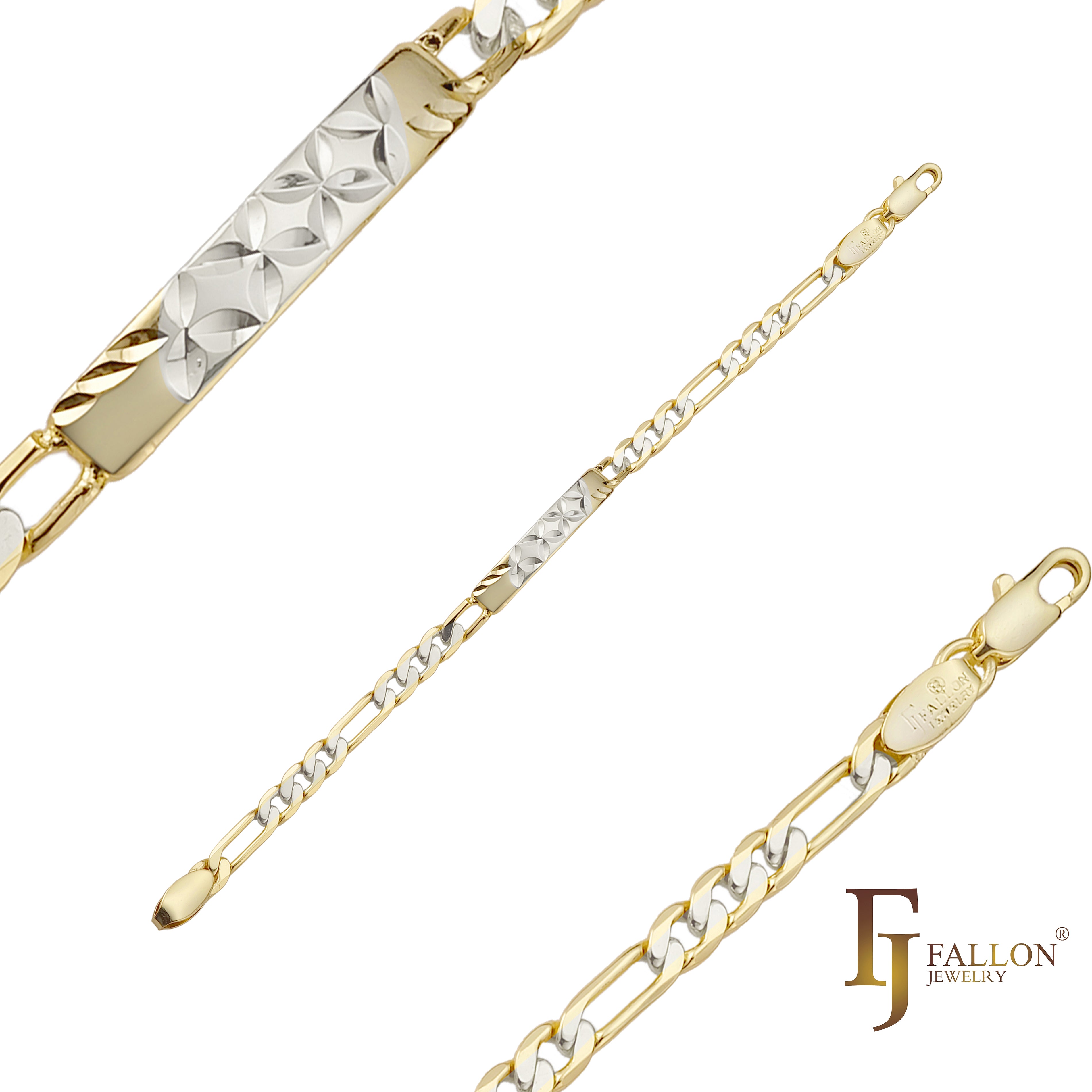 Figaro link 14K Gold, two tone, three tone Men's Clover ID bracelets