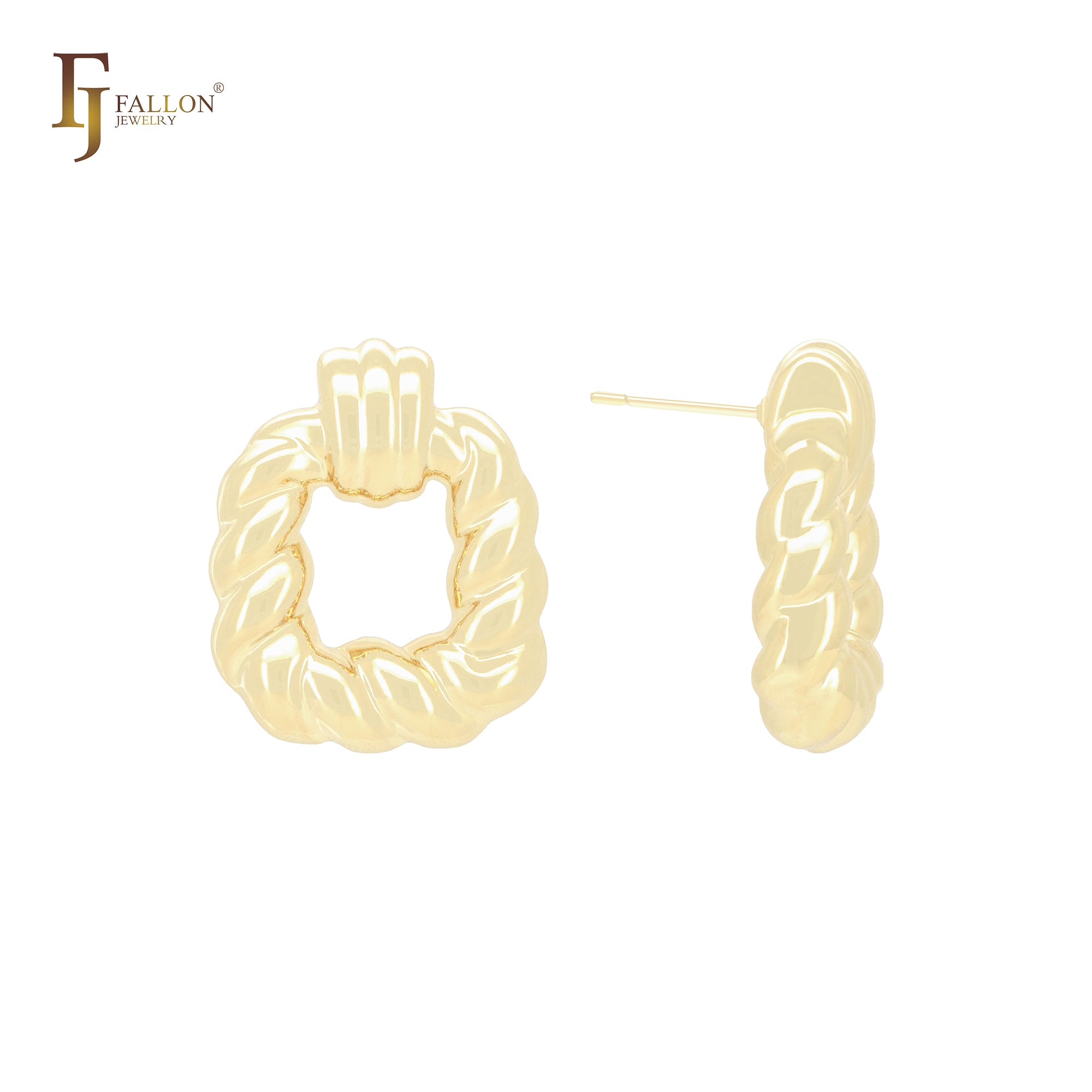 Interlocking spinning rope textured lock shaped 14K Gold, Rose Gold, White Gold Stud Earrings