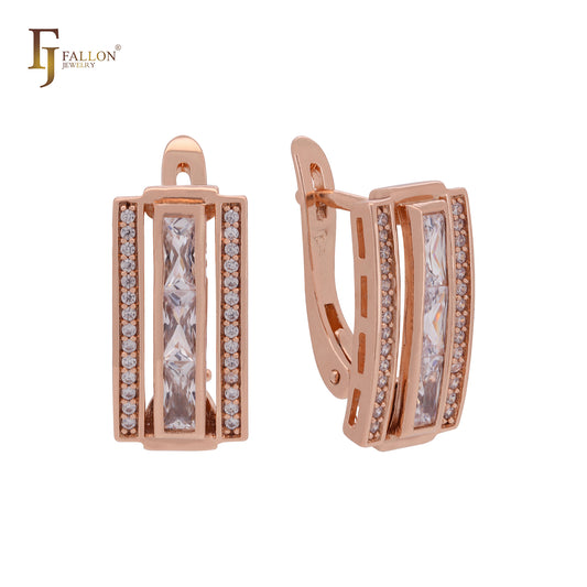 Double row of white CZs and baguette Colorful CZs Rose Gold Clip-On Earrings