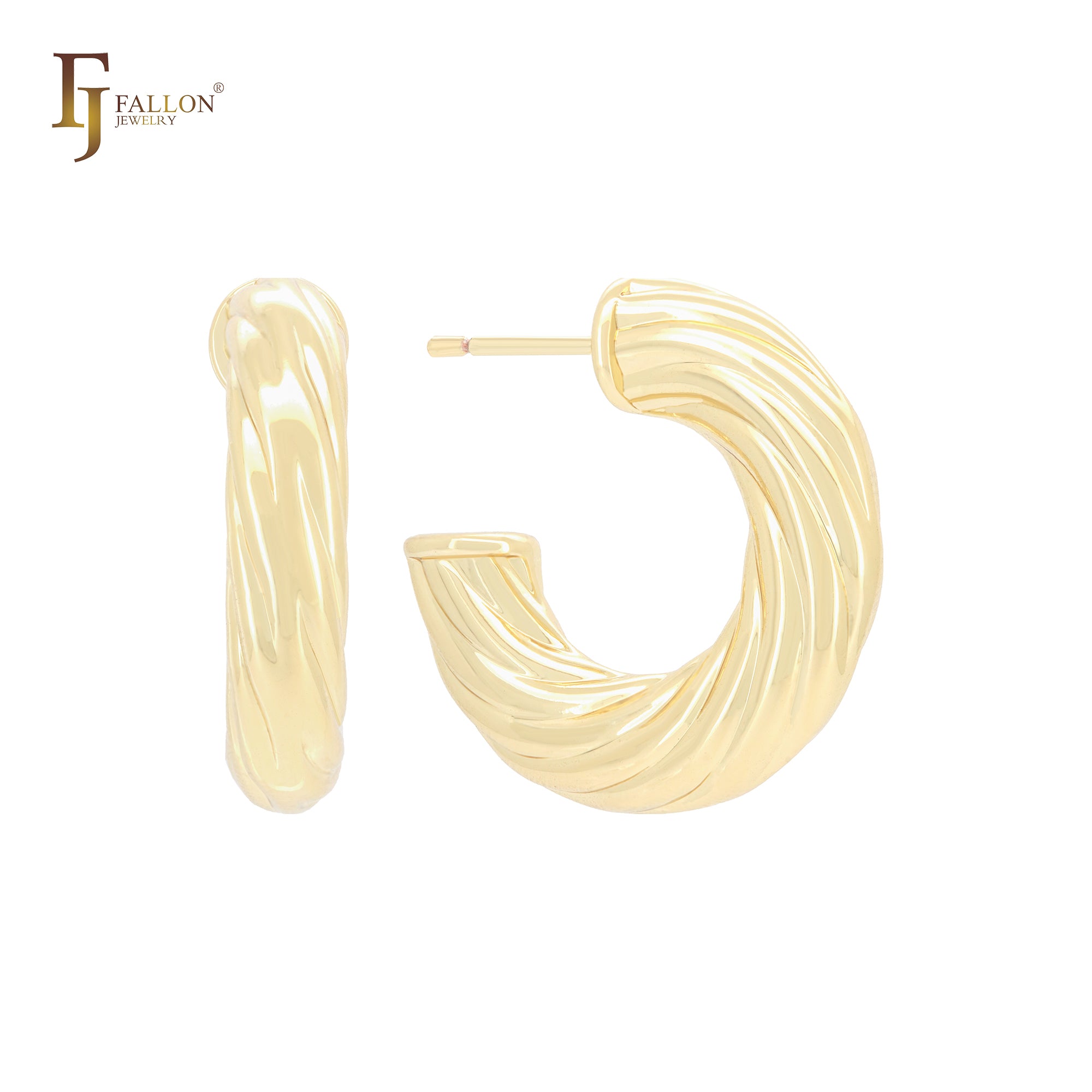 Spinning twisted rope shape textured C Hoop 14K Gold, Rose Gold, White Gold Stud Earrings