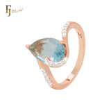 Pear shape pink CZ solitaire drop with white CZs Rose Gold two tone Fashion Rings