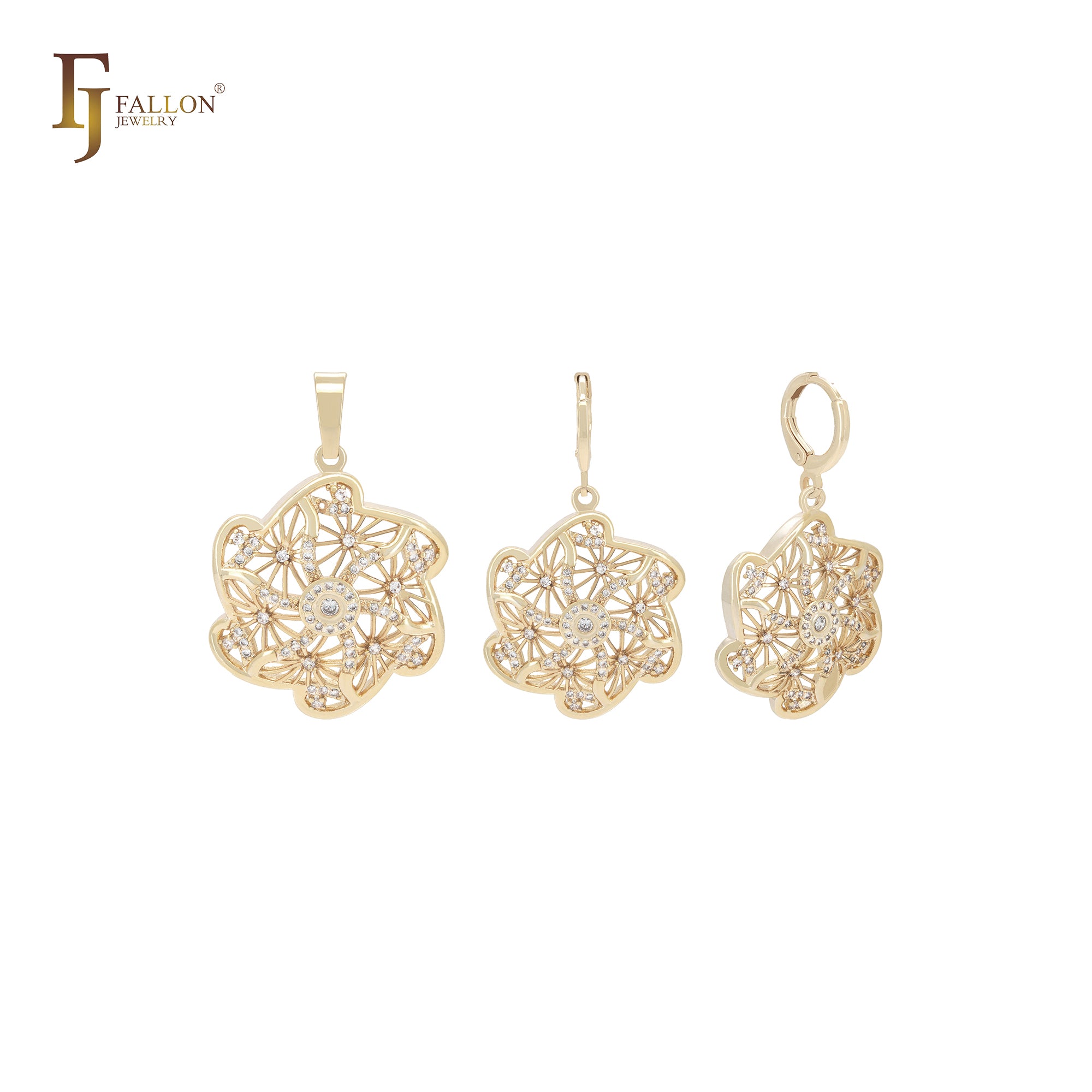 Kleidoscope white CZs snow flake 14K Gold Jewelry Set with Pendant