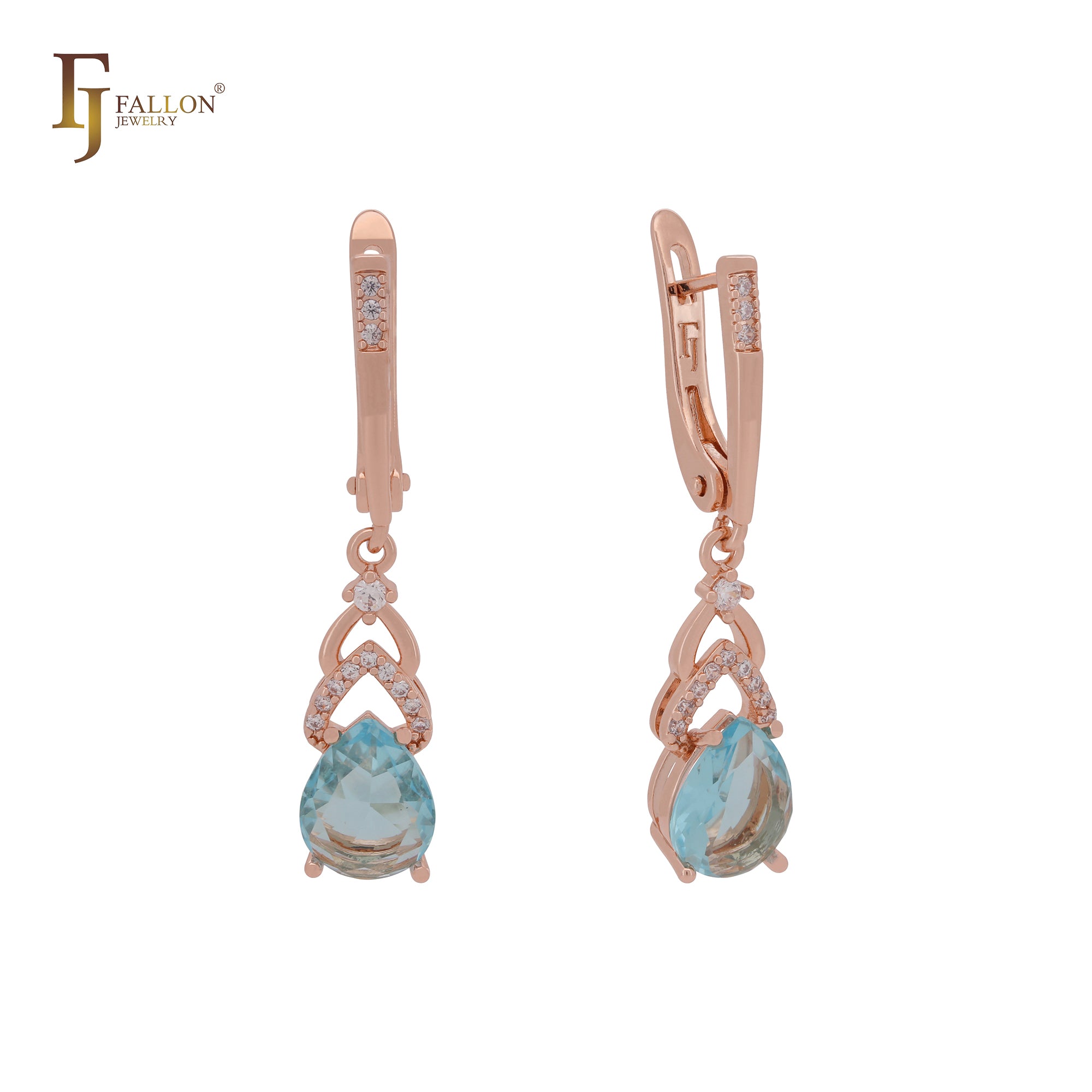 Hearty heart drop lake blue cz Rose Gold Clip-On Earrings